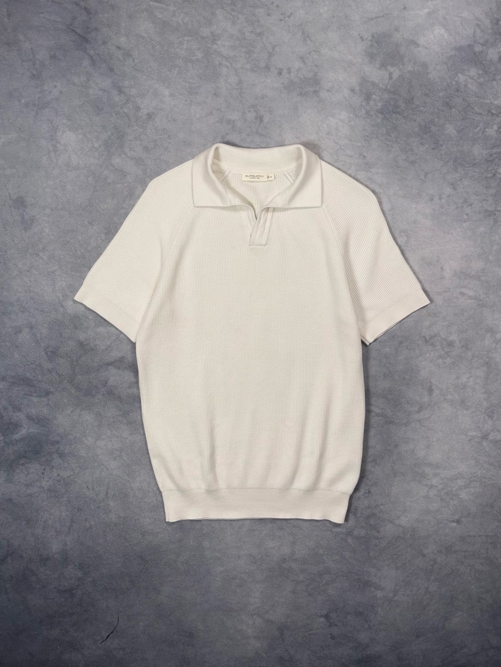 Suitsupply White Cotton Silk Knit Open Neck Short Sleeve Polo Shirt